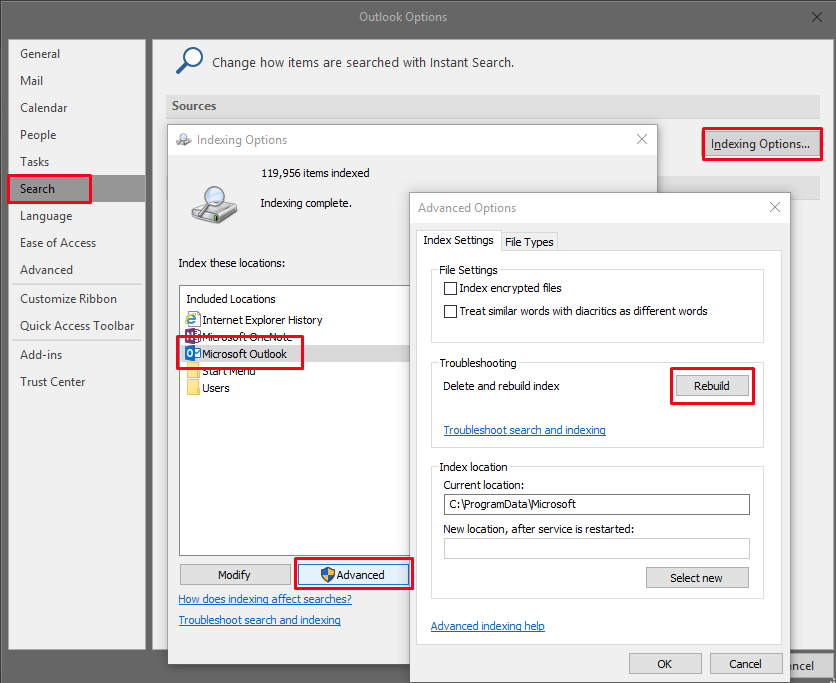 outlook rebuild index not working